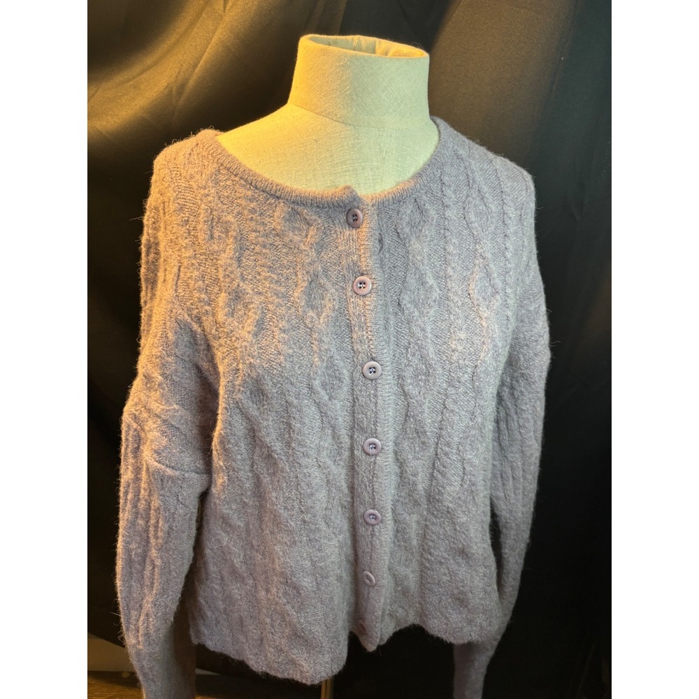 Breathe Lavender Alpaca Blend Cable Knit Cardigan Sweater Purple Made in Korea